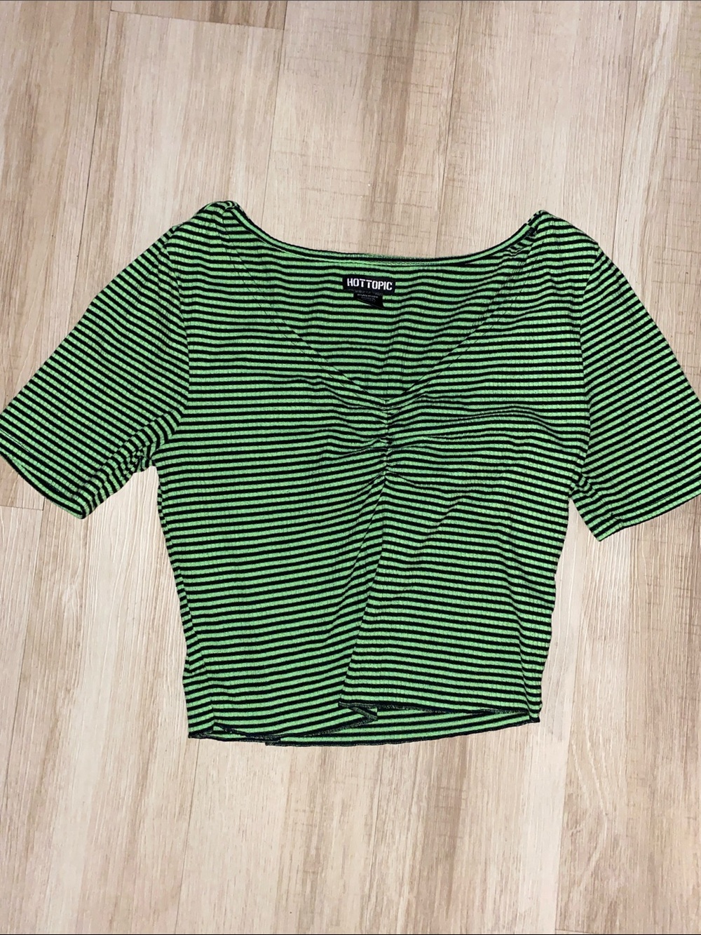 Hot Topic Black and Green Striped Ruched Crop Top